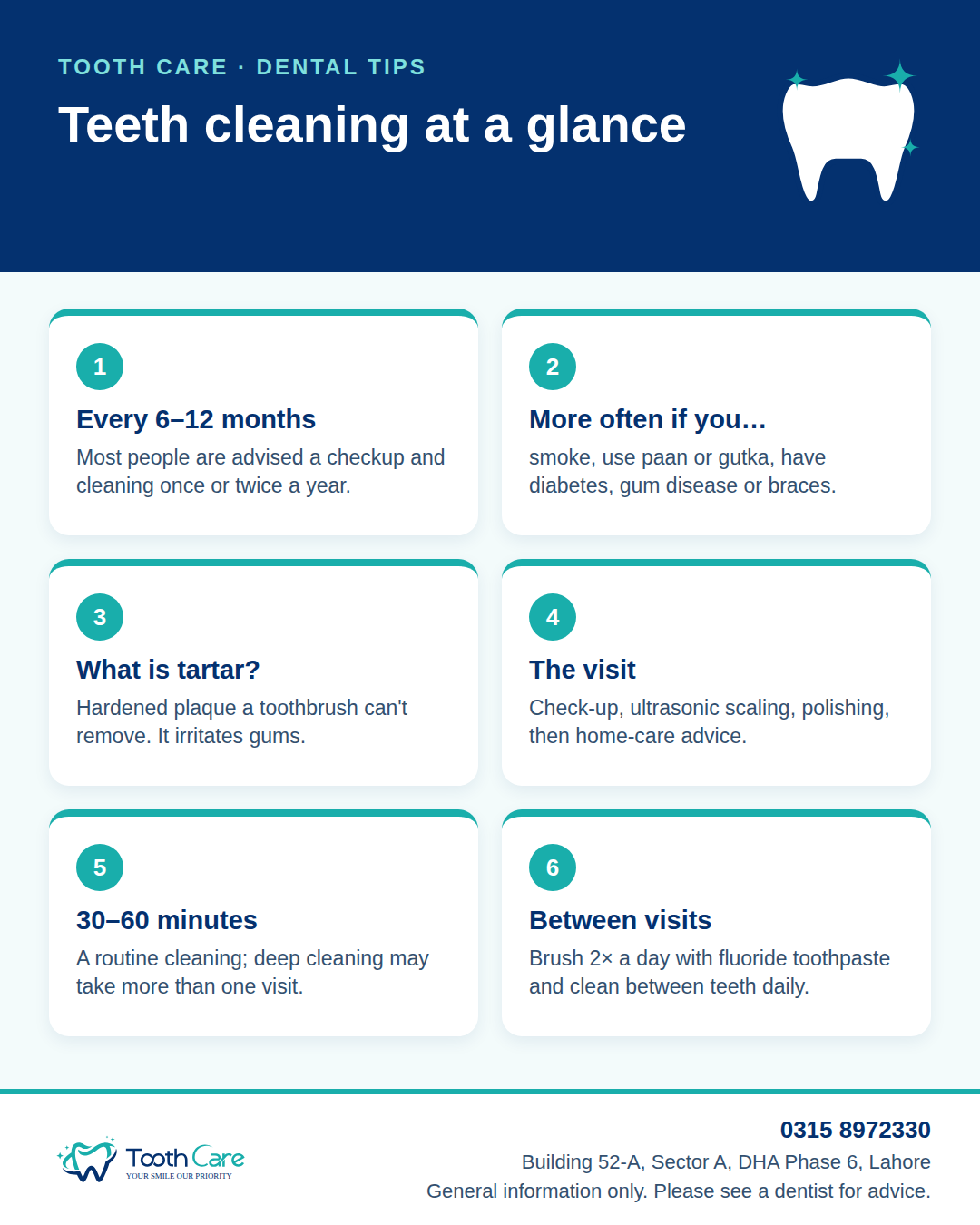 Infographic: teeth cleaning at a glance, how often to get scaling, who needs it more often, and what happens at the visit